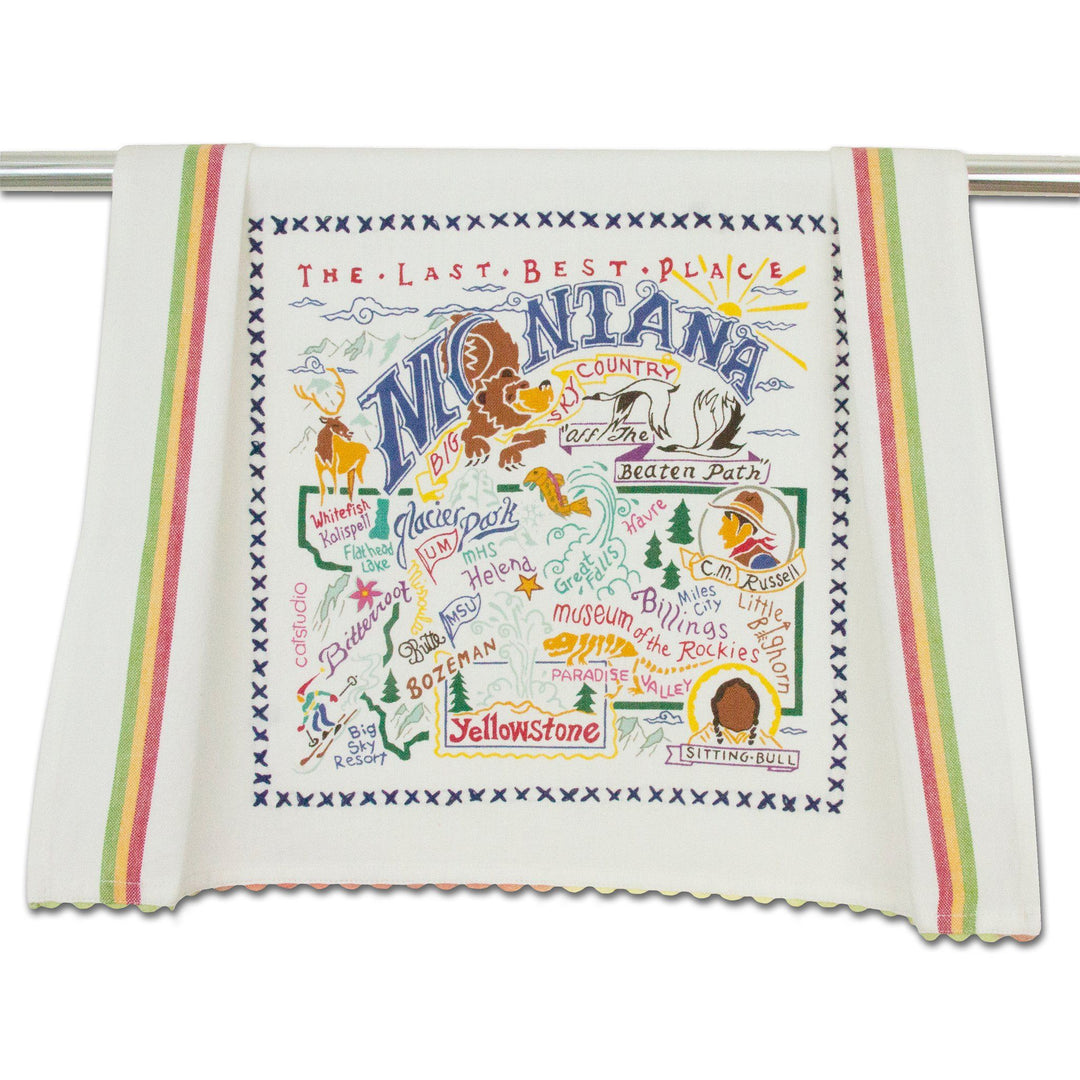 Catstudio Montana geography dish towel featuring a colorful map design, ideal for kitchen decor and food handling.