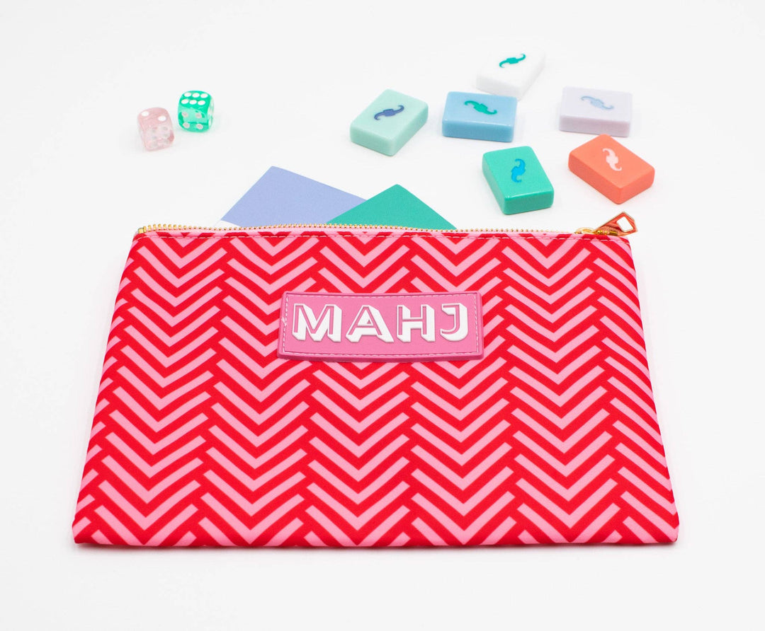 My Fair Mahjong gift bag with mahjong cards and accessories, featuring colorful design and sturdy fabric for storage and gifting.