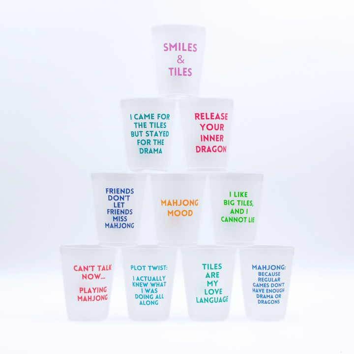 Set of frosted Mahjong-themed cups by My Fair Mahjong, ideal as unique gift mugs with a frosted finish and Mahjong design.