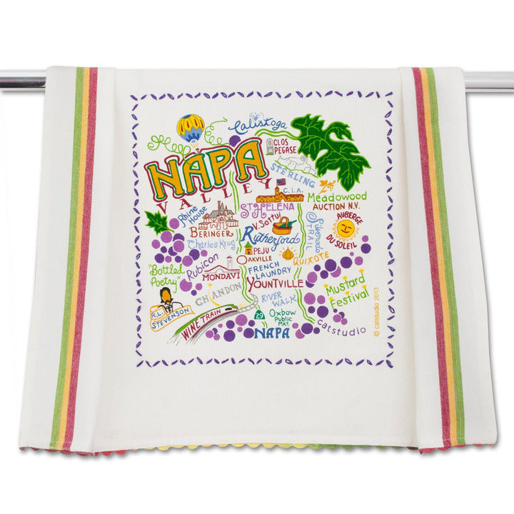 Catstudio Geography dish towel featuring Napa Valley design, colorful home kitchen accessory with scenic vineyard imagery.