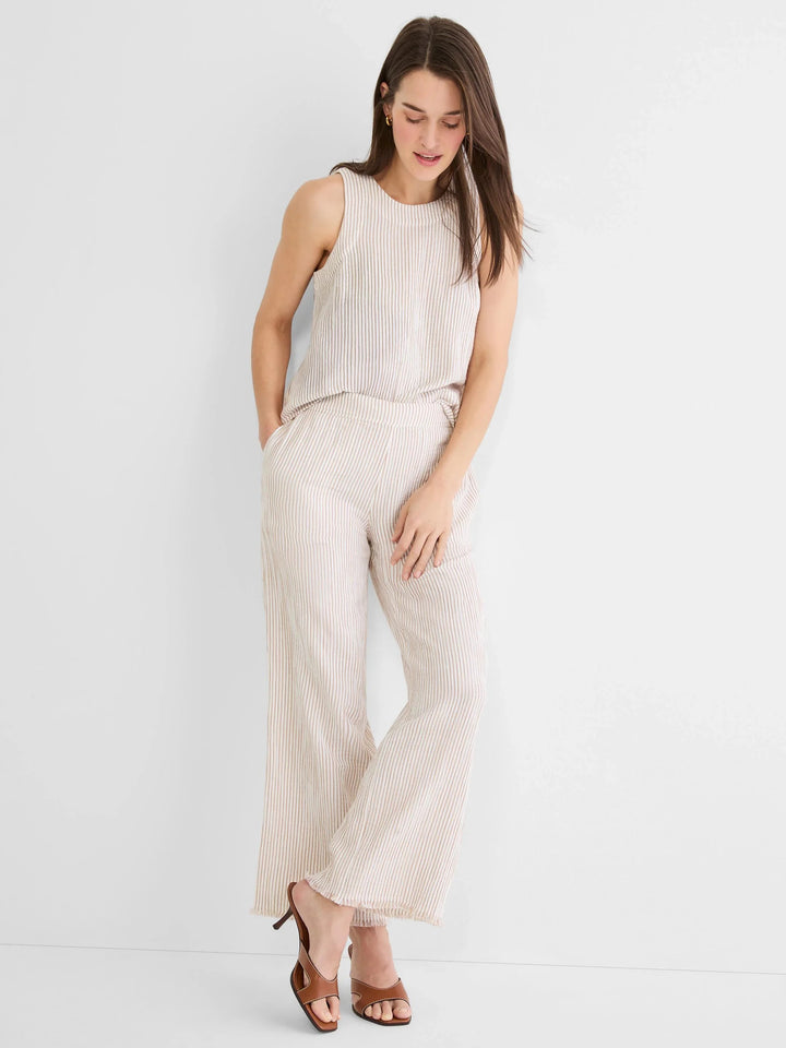 Nic & Zoe pinstripe gauze pant, lightweight woven bottoms with a relaxed fit and subtle pinstripe pattern, shown on a model.