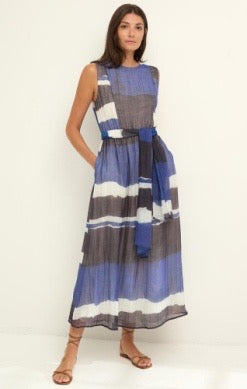 Nic & Zoe Gallery Stripe Luna Dress, stylish sleeveless dress with a vibrant striped pattern and flattering fit.