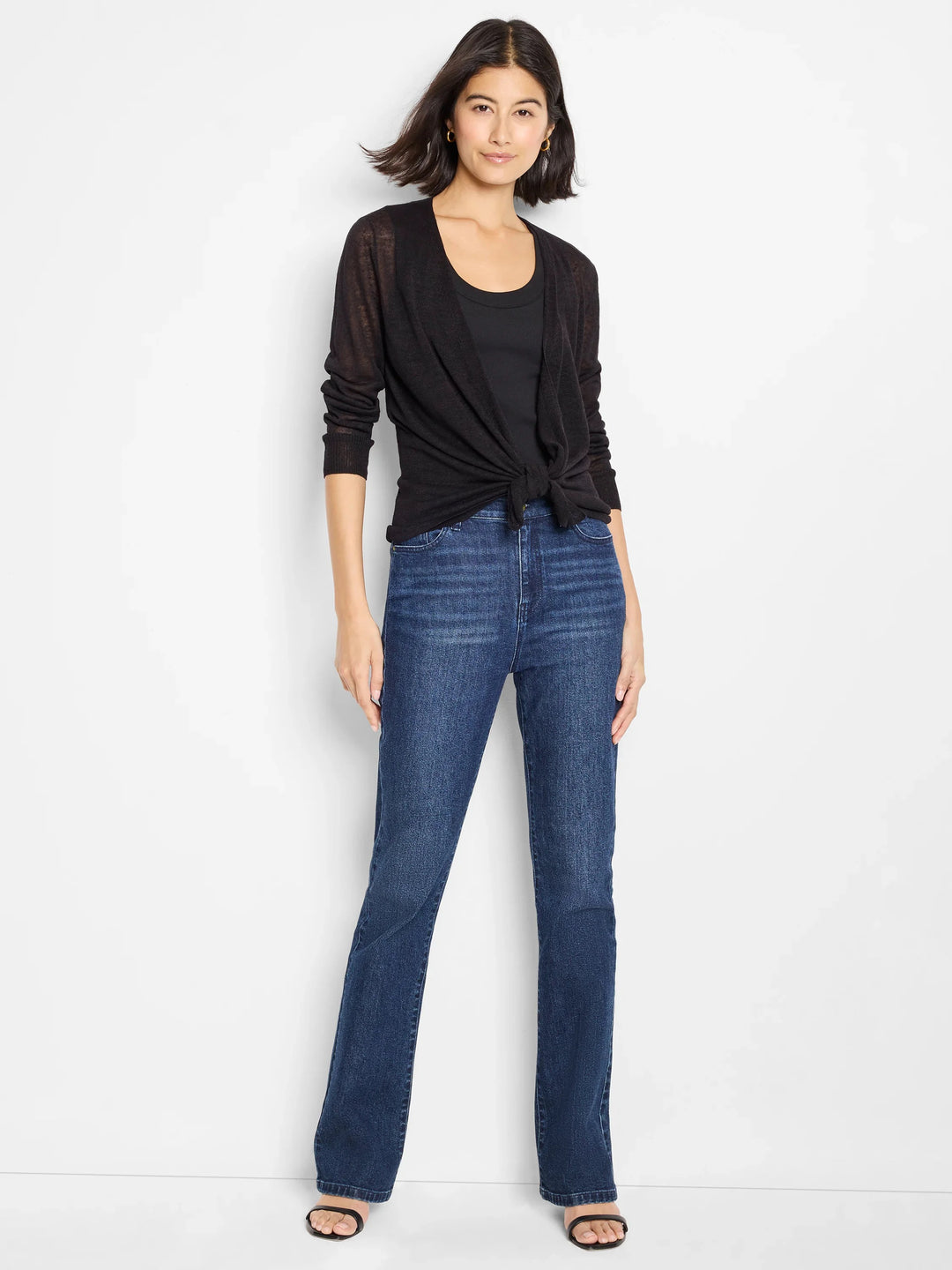 Nic & Zoe 4-Way Black Cardigan, versatile tops with a cozy knit texture and open front design, displayed on a mannequin.