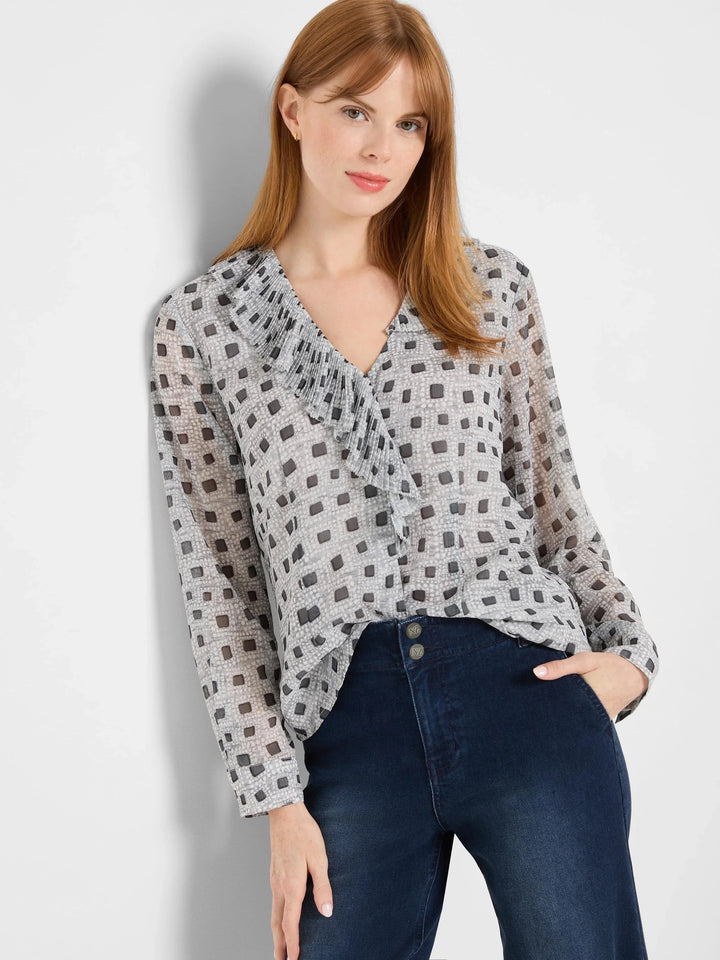 Nic & Zoe Dotty Ruffles Blouse, stylish women's tops with ruffled details and polka dot pattern, perfect for casual or dressy wear.
