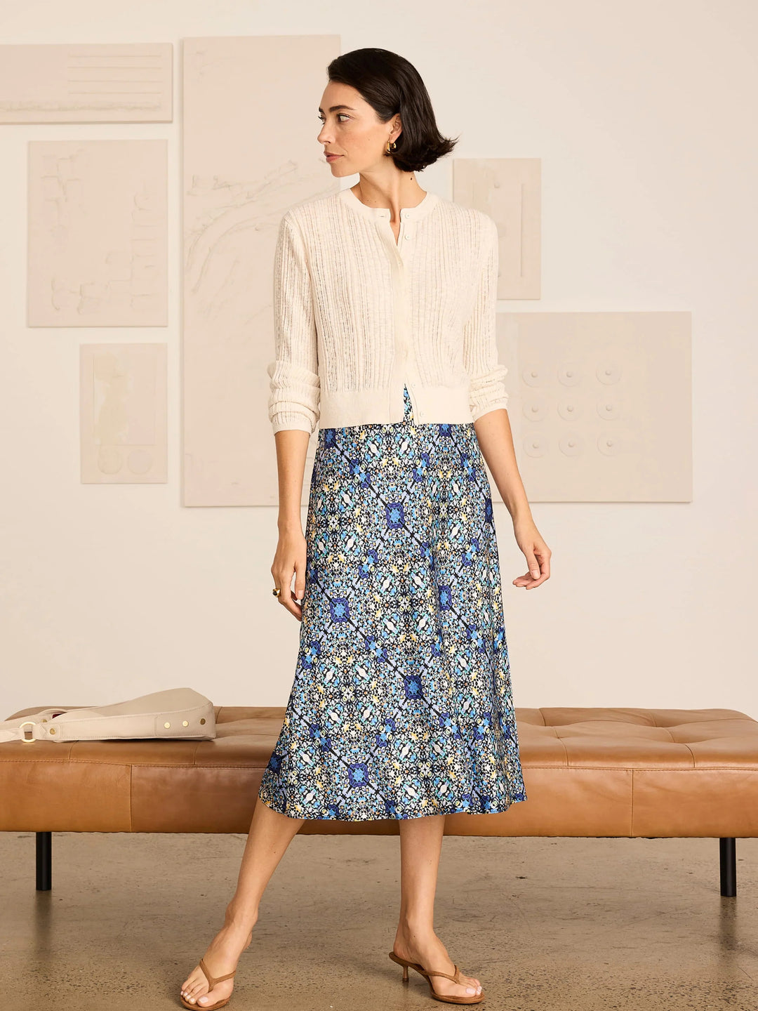 Nic & Zoe Filagree Tile Slip Skirt styled as a top, featuring a lightweight, patterned fabric with a relaxed fit and wide straps.