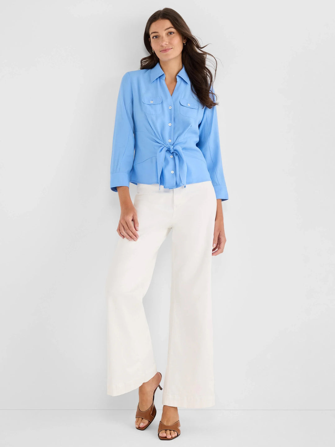 French blue Nic & Zoe tie-shirt tops featuring a stylish collar and button-down front, perfect for casual or office wear.