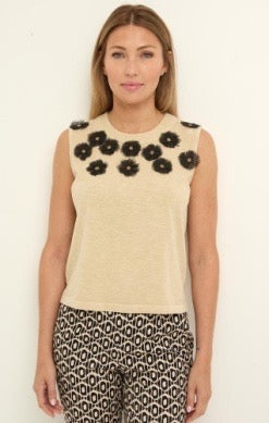 Nic & Zoe organza applique top with delicate sheer fabric and intricate embroidery, styled for a chic, feminine look.