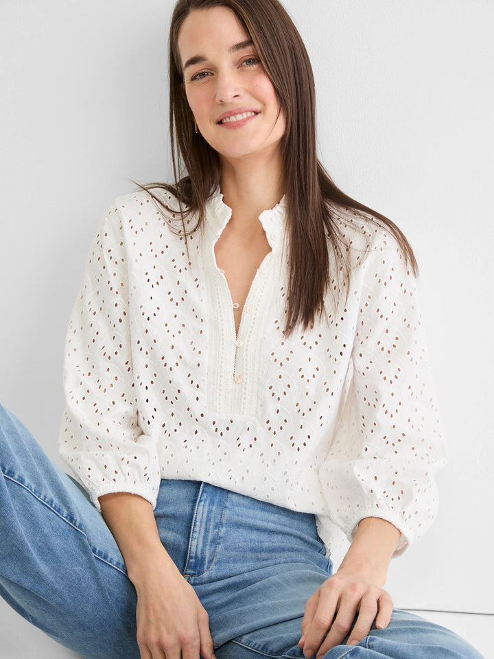 Nic & Zoe eyelet ruffle knit top, featuring a feminine design with eyelet details and ruffled accents, shown on a model.