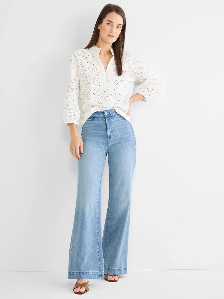 Nic & Zoe eyelet ruffle knit top, soft fabric with eyelet details and feminine ruffle accents, stylish women's tops.
