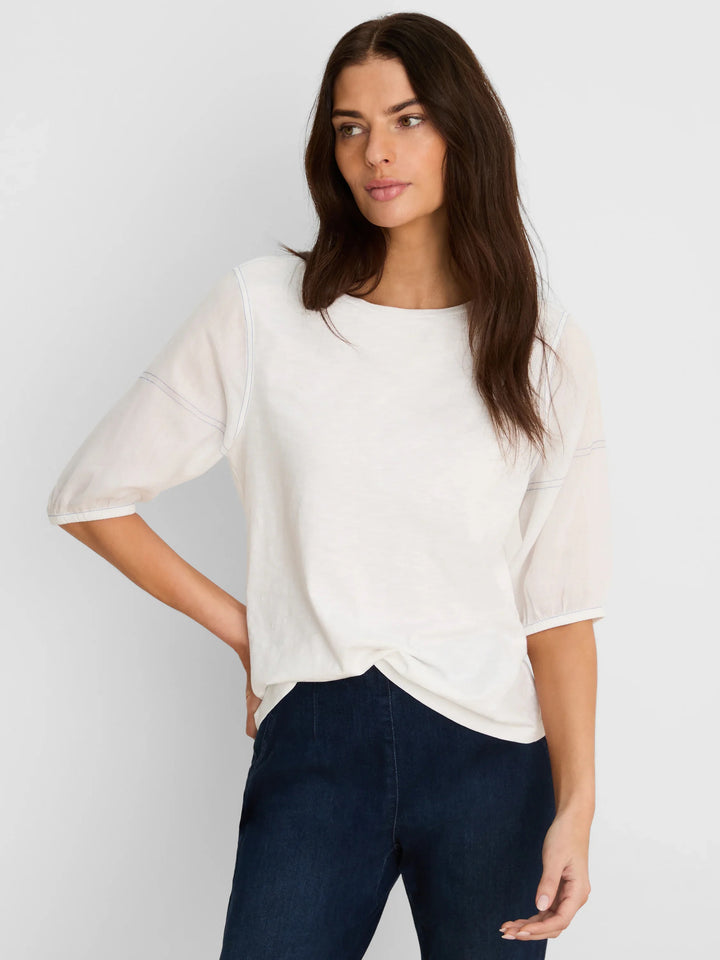 Nic & Zoe linen and cotton sleeve tee, casual tops with short sleeves and relaxed fit, shown in natural fabric textures.