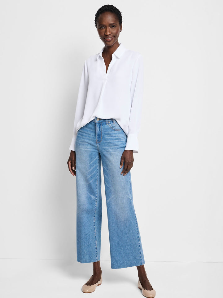 White Nic & Zoe Easy Popover shirt, lightweight tops with a relaxed fit and classic collar, shown on a hanger.
