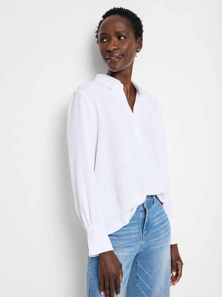 White Nic & Zoe Easy Popover Shirt, women's casual tops with relaxed fit and button details, shown on a hanger.
