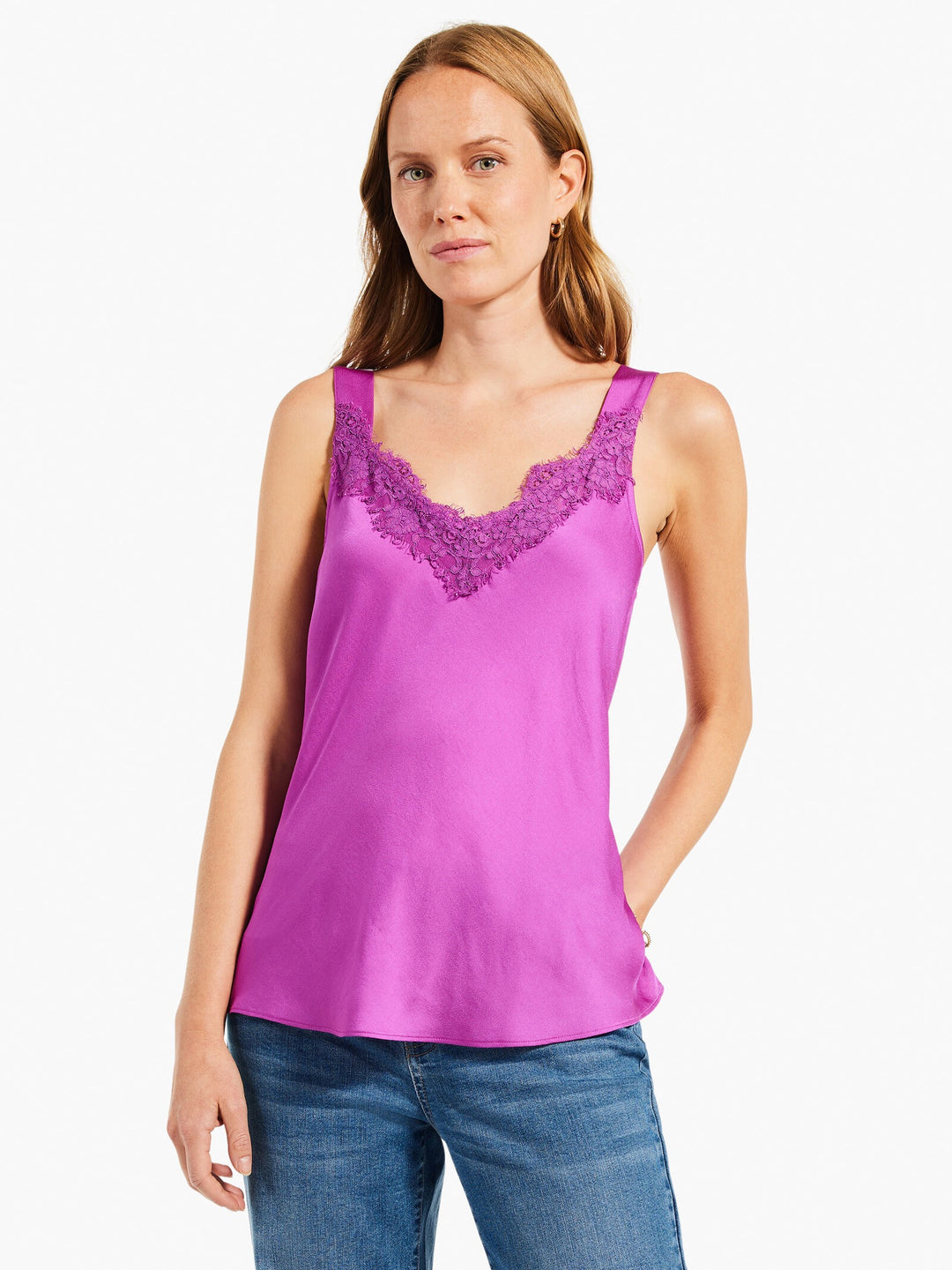 Nic & Zoe lace cami tank top, featuring delicate lace details and a fitted design, perfect for layering or casual wear.