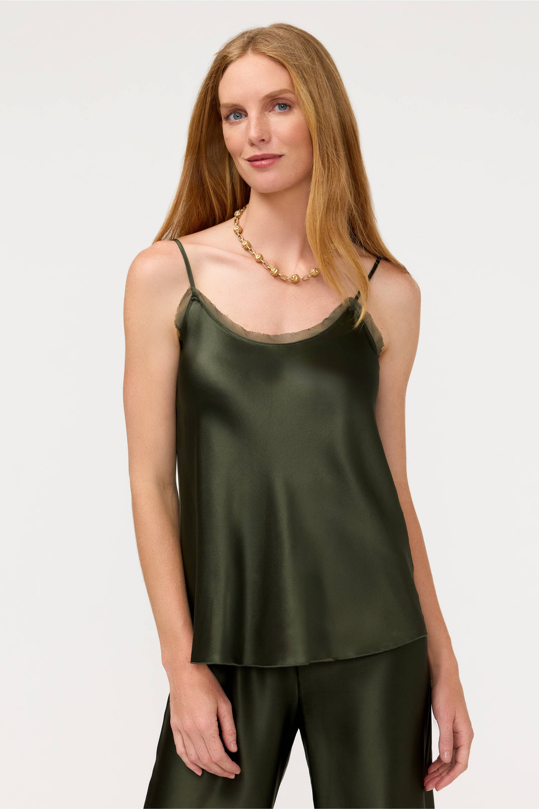 Olivine Essentials silk cami top by Johnny Was, featuring a smooth silk fabric and delicate straps on a neutral background.