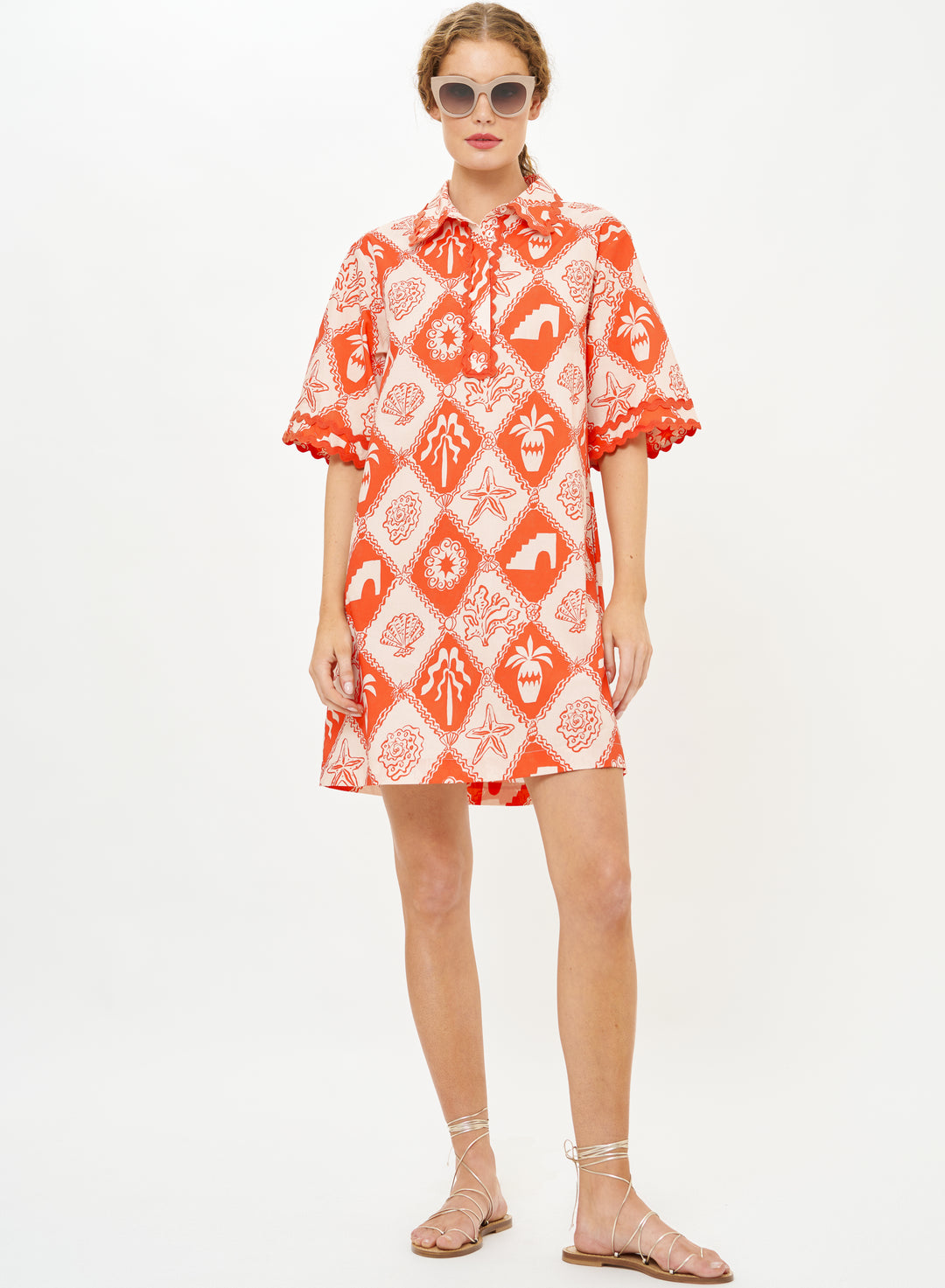 Oliphant Asterias collared shirt dress in vibrant red, featuring a classic collar and button-down front, styled on a mannequin.