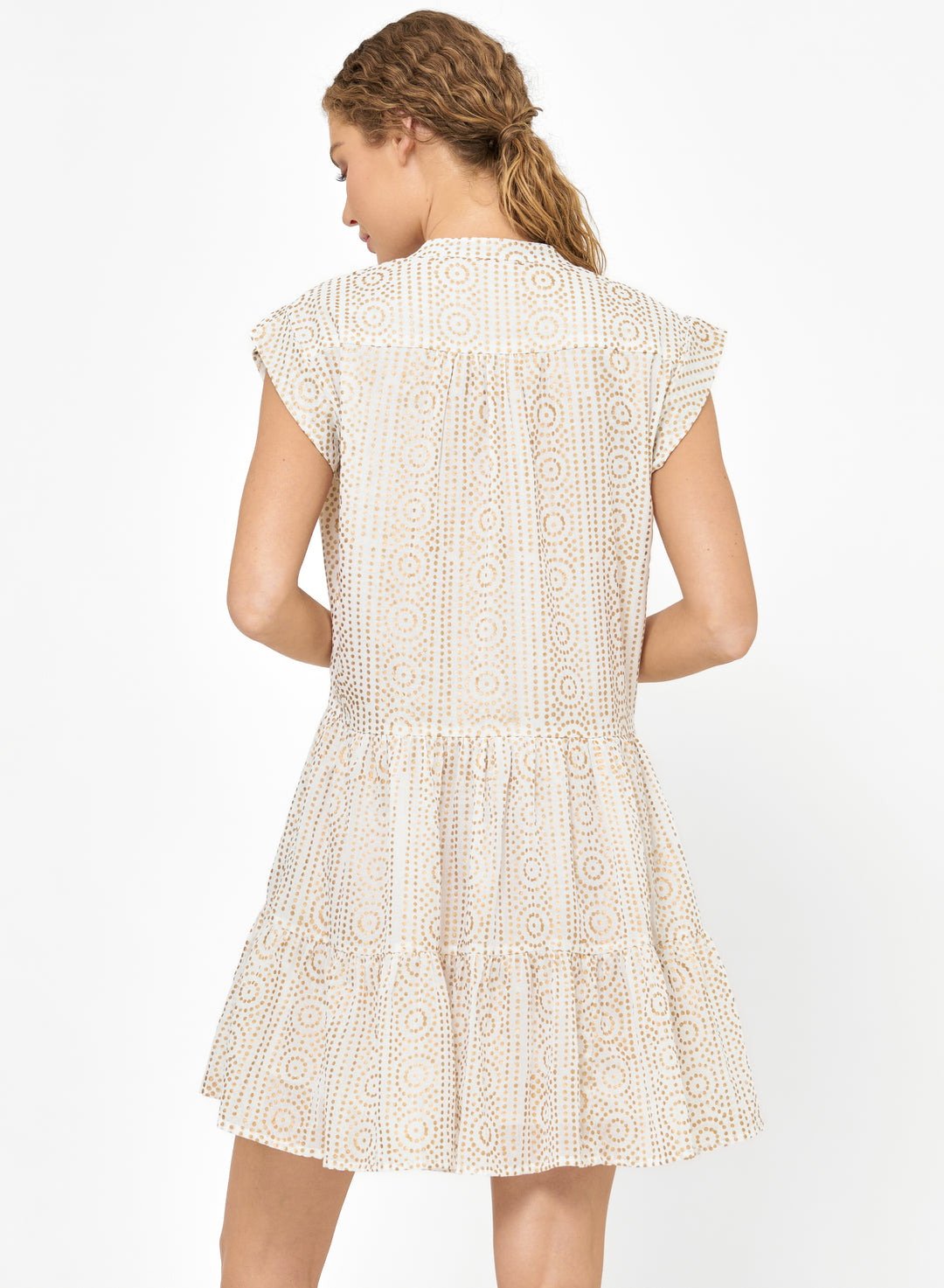 Oliphant Helene Gold Roll-Sleeve Dress in cream with gold accents, stylish knee-length dress with roll-up sleeves, front buttons.