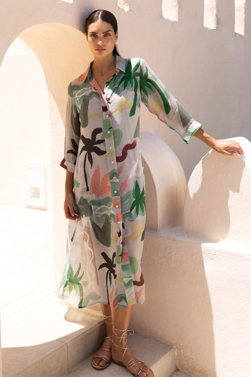Oliphant Paradiso Midi Shirtdress featuring a button-up front, collar, and long sleeves, displayed on a mannequin.