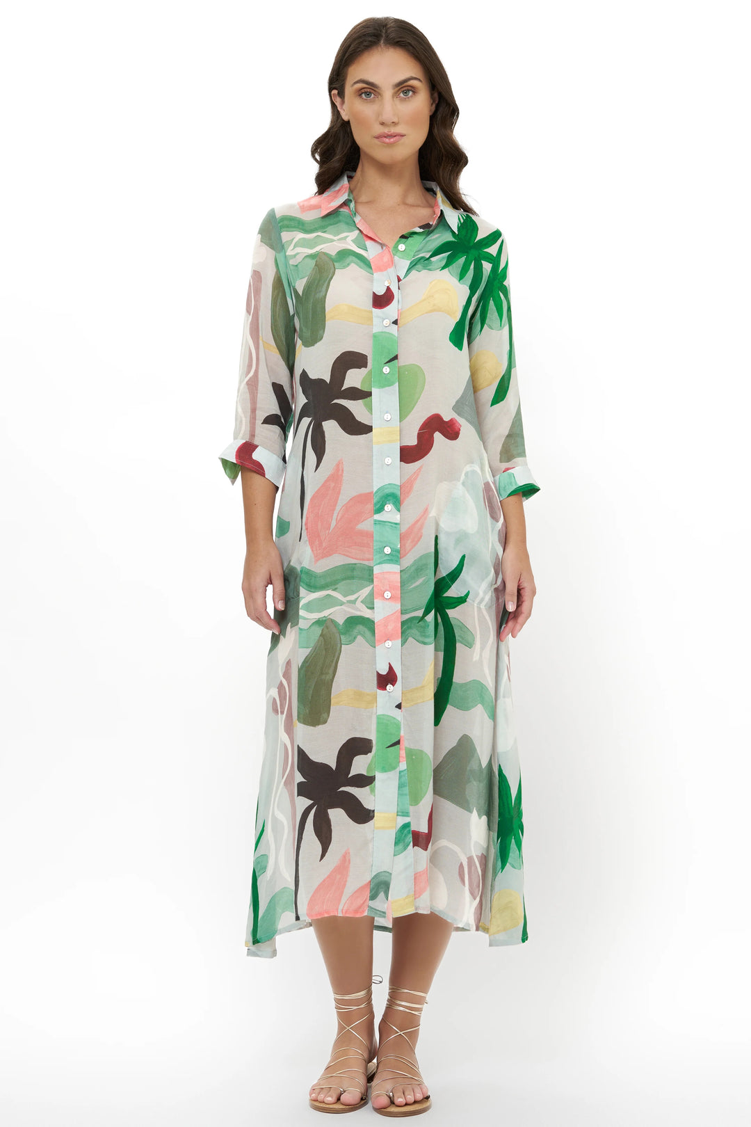 Oliphant Paradiso Midi Shirtdress displayed on a hanger, showcasing its button-up front and classic shirt dress design.