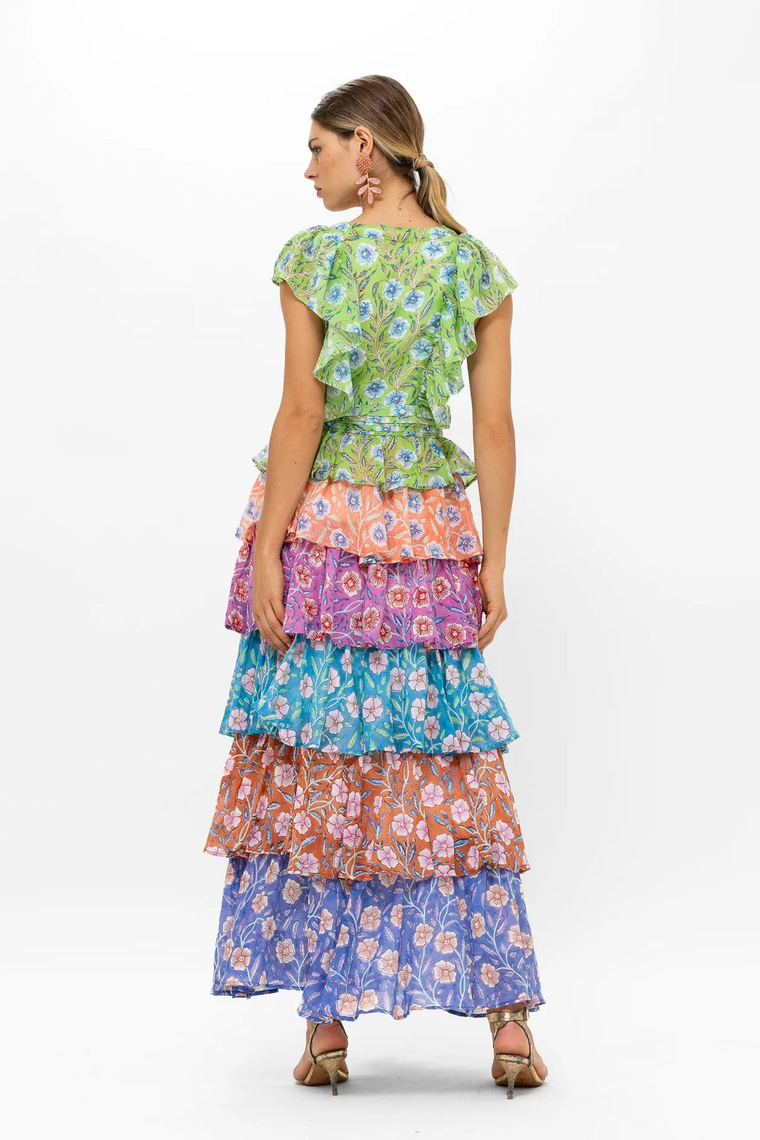 Oliphant Yoke Ruffle Maxi Dress with flowing fabric and ruffled details, perfect for elegant summer occasions.