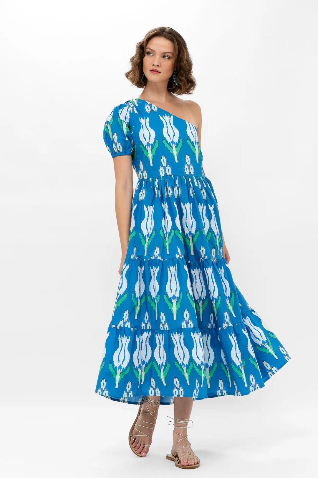 Oliphant one shoulder maxi dress featuring flowing fabric and elegant design, perfect for formal or summer occasions.