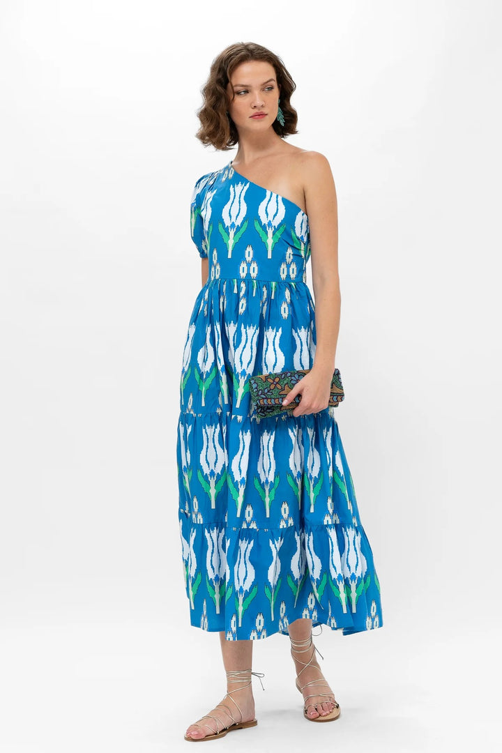 Oliphant one-shoulder maxi dress featuring flowing fabric and elegant design, perfect for formal or summer occasions.