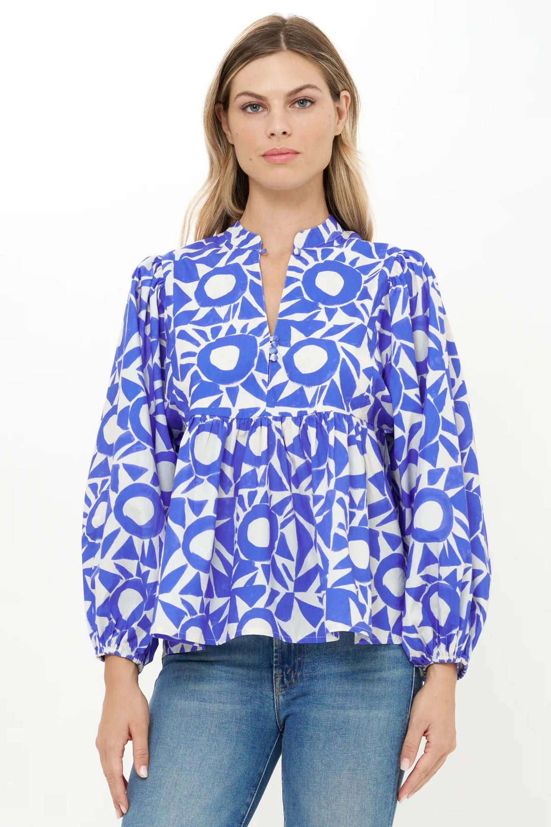 Oliphant Eclipse Blue Mandarin Top with long sleeves and a relaxed fit, displayed on a neutral background.