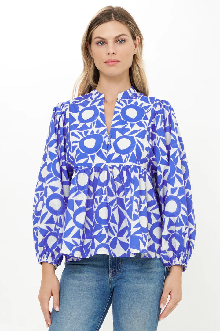 Oliphant Eclipse Blue Mandarin Top with long sleeves and a relaxed fit, displayed on a neutral background.