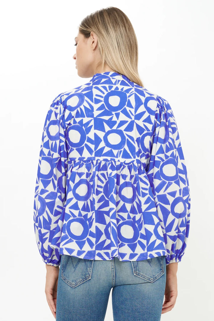 Oliphant Eclipse Blue Mandarin Top, women's casual tops, featuring a vibrant blue fabric with Mandarin collar and button details.