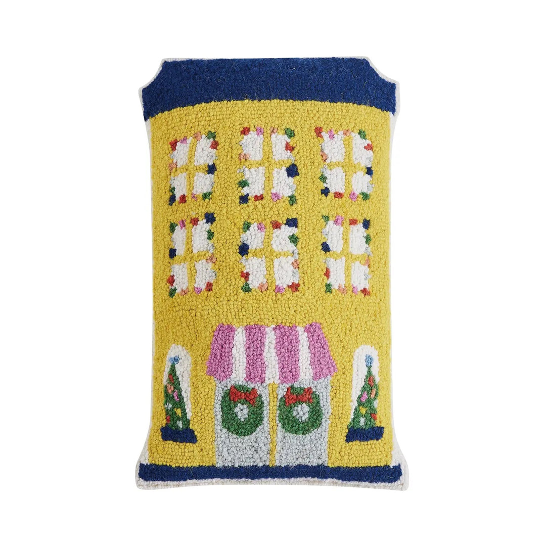 Decorative holiday house pillow with a wreath design from Peking Handicraft, INC, featuring festive red and green accents.