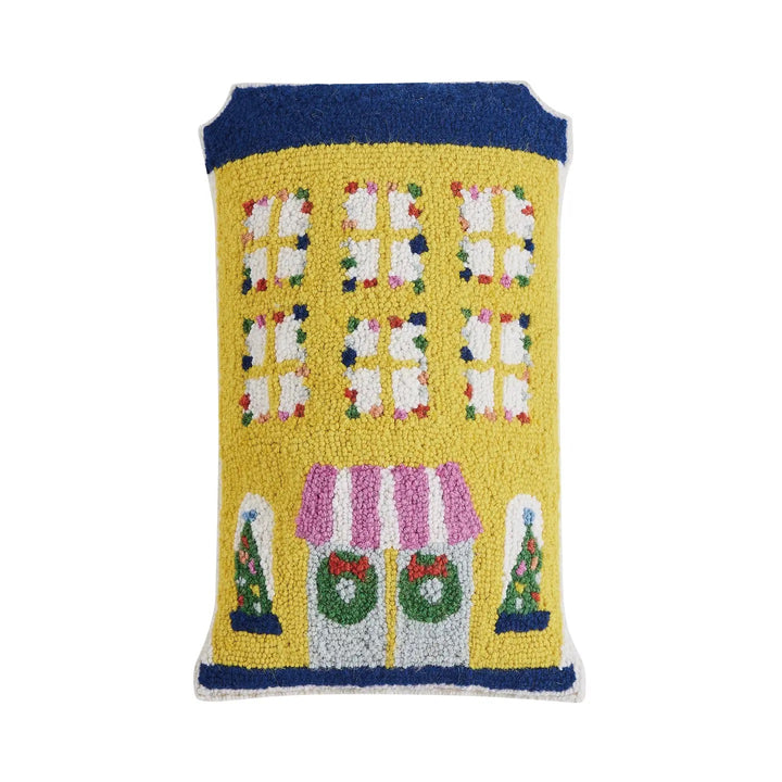 Decorative holiday house pillow with a wreath design from Peking Handicraft, INC, featuring festive red and green accents.