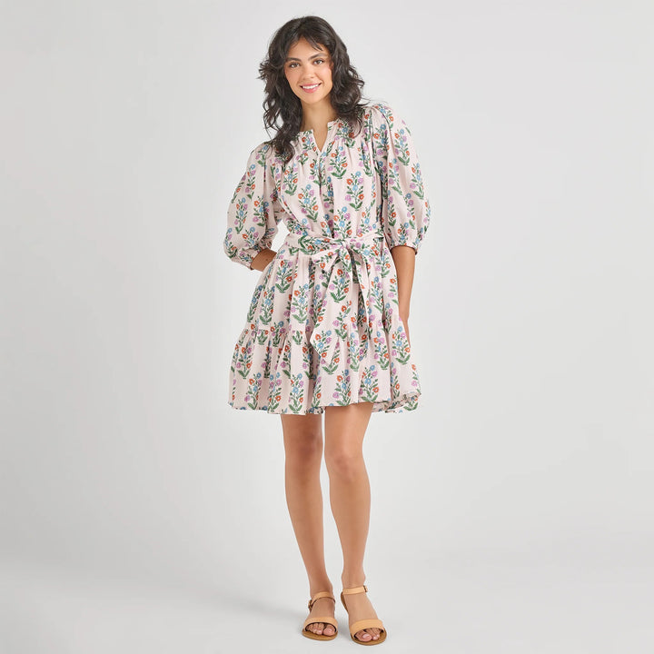 Pink Chicken Indira Pink Dewdrop Dress for girls, featuring a pink fabric with dewdrop pattern and ruffled details.