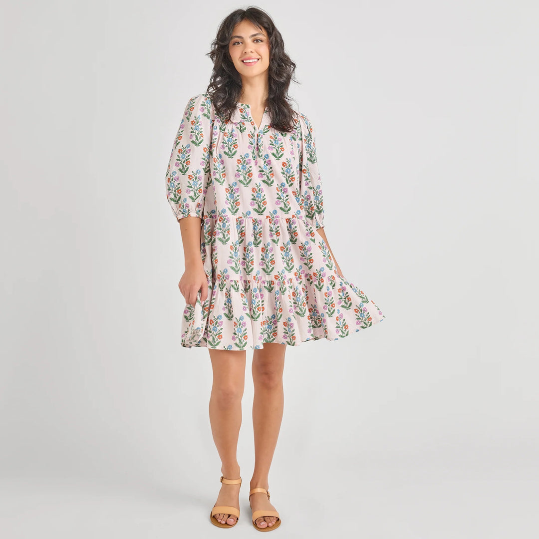 Pink Chicken Indira Pink Dewdrop Dress for girls, featuring a vibrant pink fabric with a playful dewdrop pattern and ruffle details.