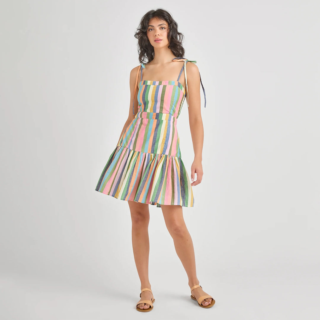 Pink Chicken Marilyn Parade Stripe Dress for girls, featuring vibrant vertical stripes and a comfortable, stylish fit.