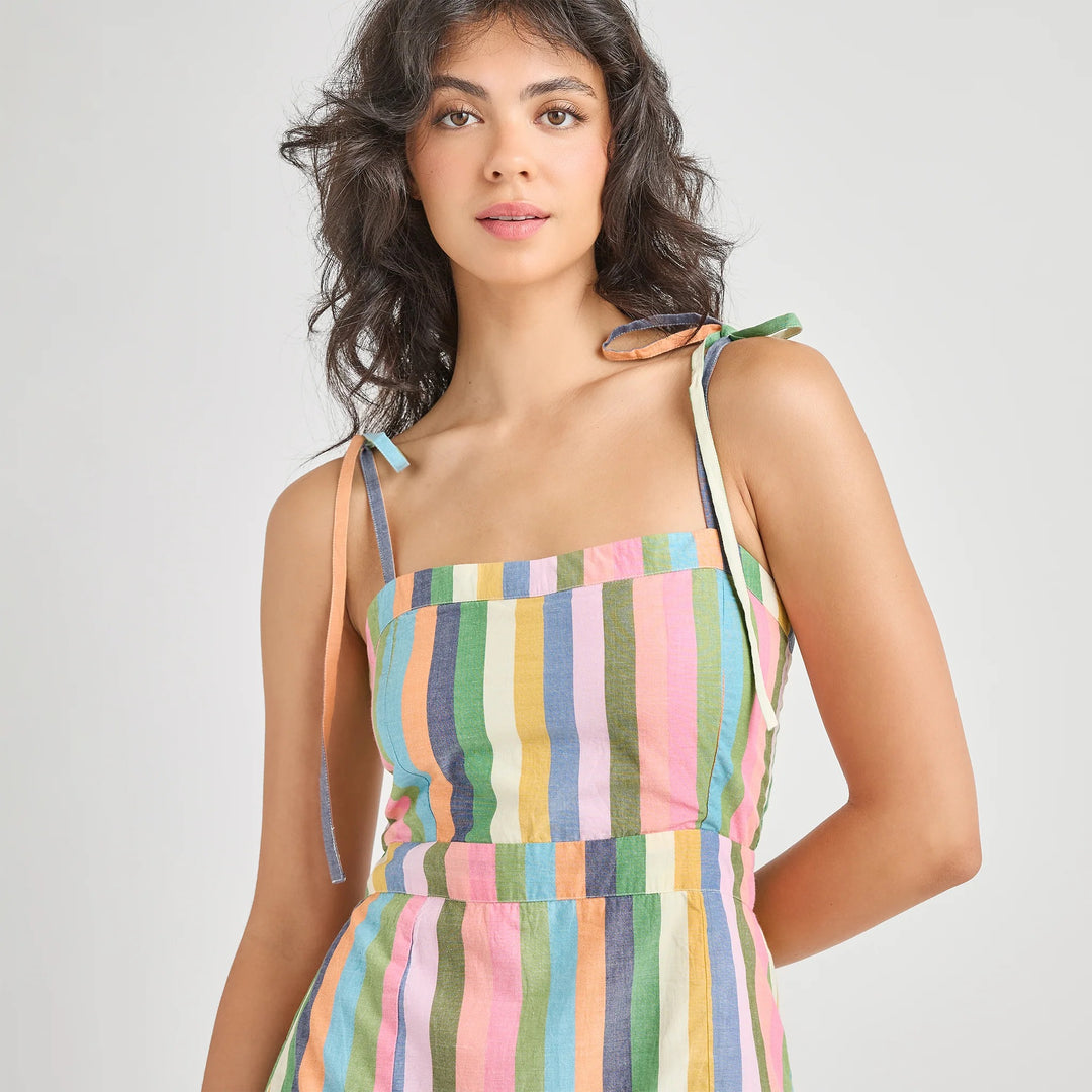 Pink Chicken Marilyn Parade Stripe Dress, a colorful striped dress with a breezy, playful design perfect for warm weather.