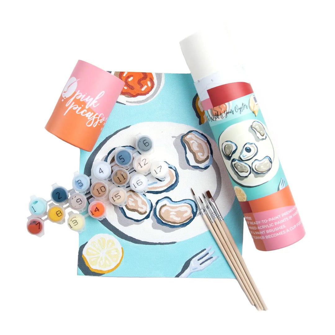 Pink Picasso World Oyster Paint Kit for gifts, featuring colorful oyster shells and painting supplies in a creative art set.