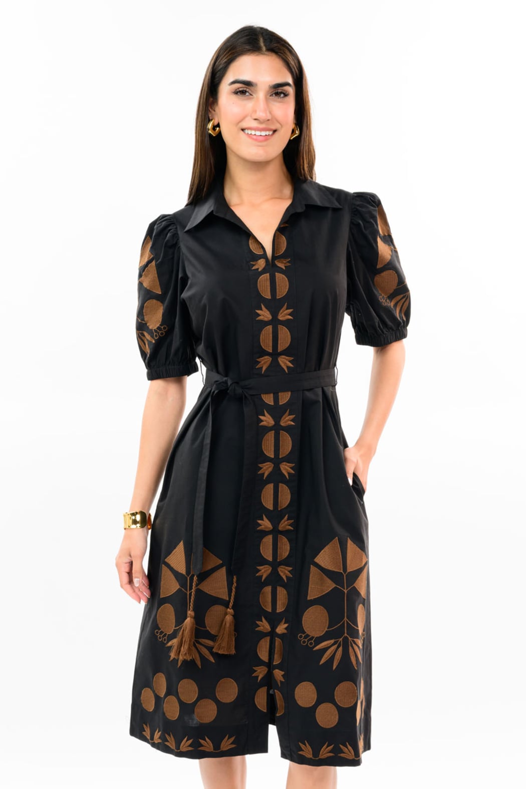 Black Embroidered Placket Dress