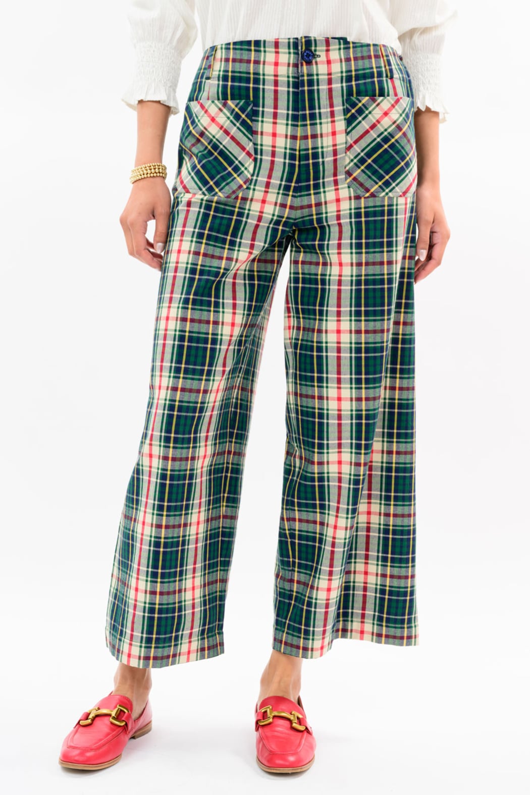 Green plaid patch pocket pant by Sister Mary, casual bottoms with patch pockets and relaxed fit.