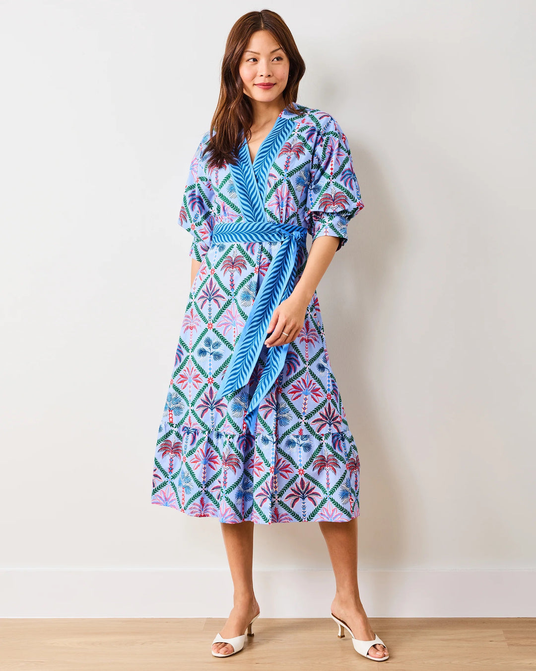 Print Fresh Gabriela Palm Tree Dress featuring a vibrant tropical palm tree pattern on lightweight fabric.
