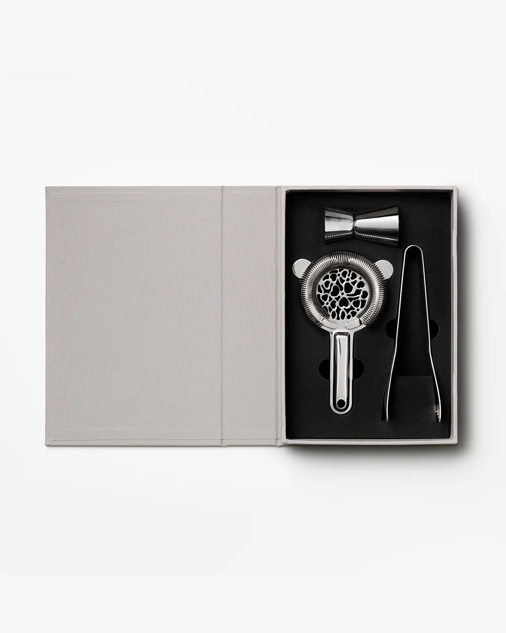 Printworks Essentials Drink Tools Kit for home bar, includes shaker, strainer, and bottle opener for cocktail preparation.