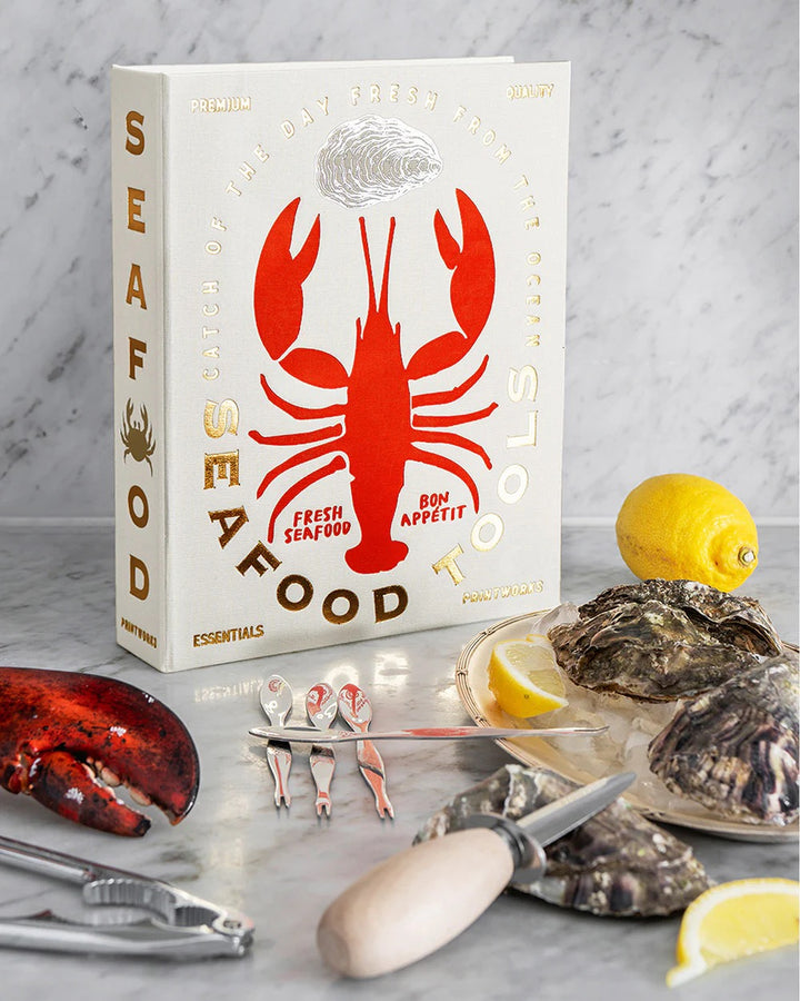 Printworks Essentials Seafood Tools Kit for home use, including seafood crackers, picks, and utensils for shellfish preparation.