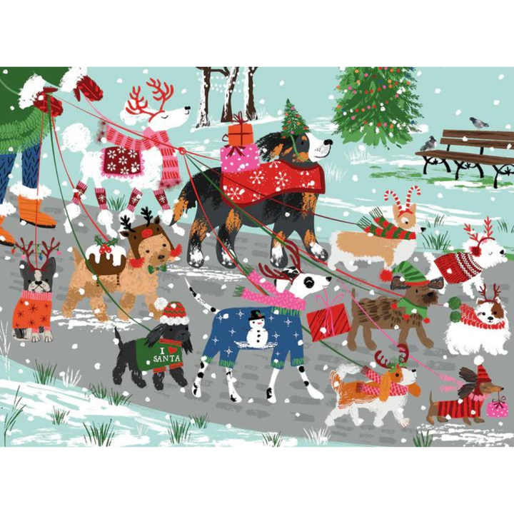 Happy Howlidays 1000-piece puzzle by Puzzlefolk featuring festive holiday imagery and cheerful dog illustrations.