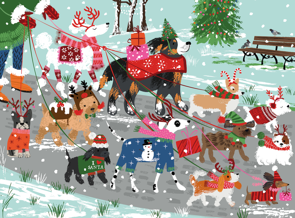Happy Howlidays 1000-piece puzzle by Puzzlefolk featuring festive holiday scene with cheerful dogs and winter decorations.