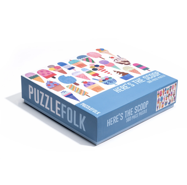 Colorful jigsaw puzzle titled "Here's The Scoop" by Puzzlefolk, featuring a vibrant ice cream theme and playful design.