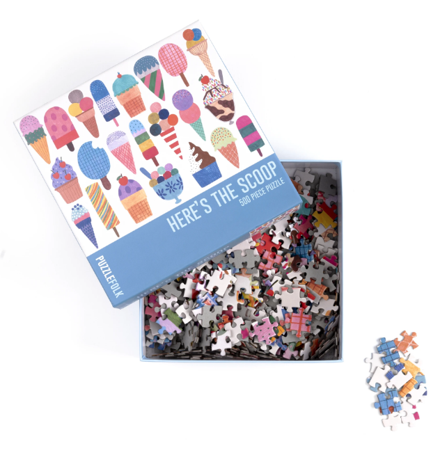 Colorful puzzle piece design on the Here's The Scoop Puzzle by Puzzlefolk, a charming gift puzzle with vibrant artwork.