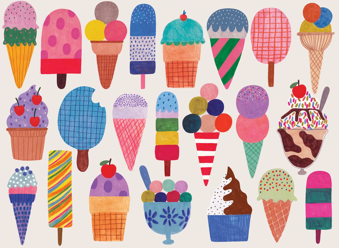 Colorful jigsaw puzzle titled "Here's The Scoop" by Puzzlefolk, featuring a vibrant, playful ice cream theme in a gift-ready package.