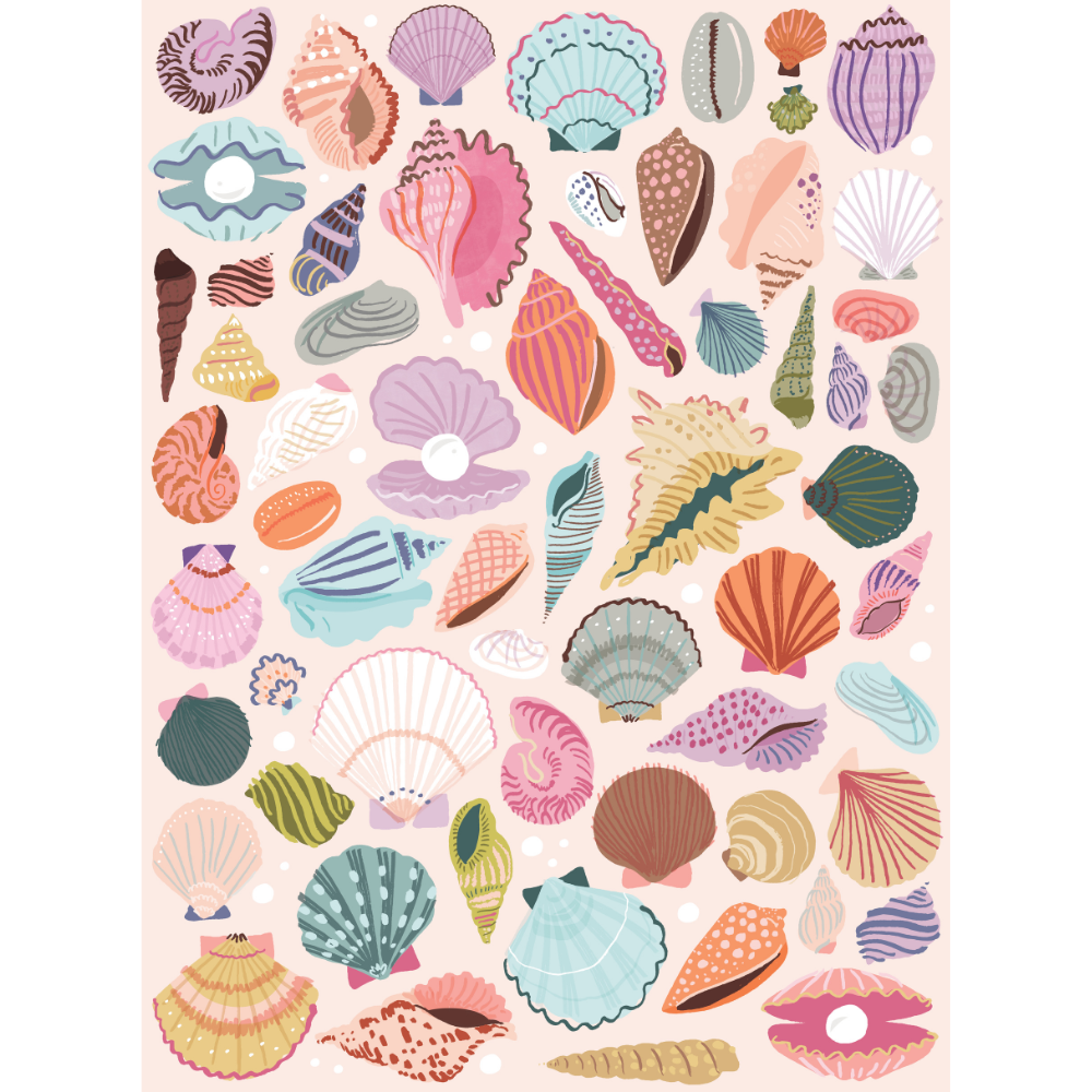 Colorful seashells by the seashore puzzle by Puzzlefolk, featuring detailed seashell illustrations on a gift-themed image.