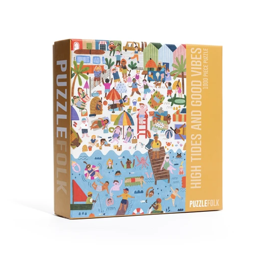 Puzzlefolk Tides & Vibes Beach Puzzle gift featuring colorful ocean and beach scene with vibrant coastal imagery.