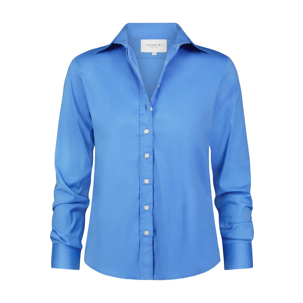 French Blue Icon shirt by Rochelle Behrens, stylish tops with a vibrant blue color and comfortable fit, shown on a model.