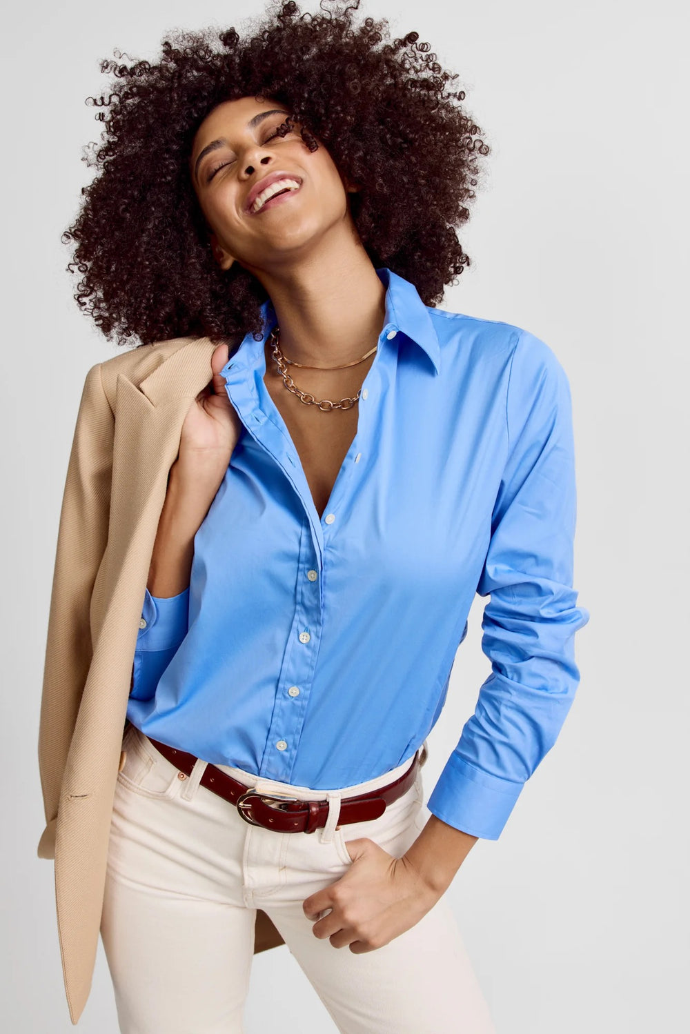 French Blue Icon shirt by Rochelle Behrens, featuring a stylish tops design with a vibrant blue color and modern fit.