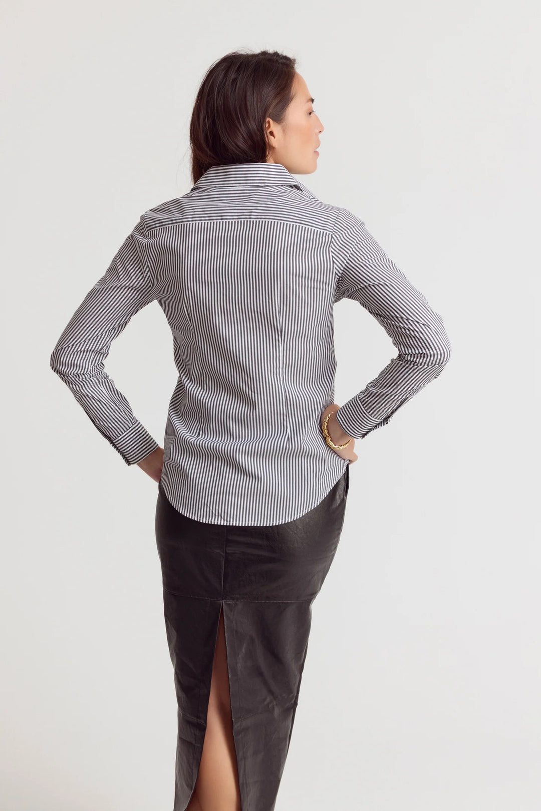 Rochelle Behrens Icon shirt in charcoal stripe, a stylish women's top with a comfortable fit and modern striped design.